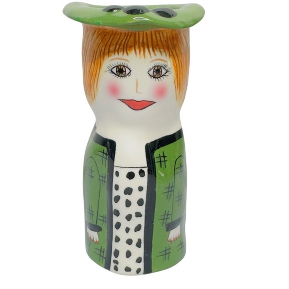 Vintage Susan Paley Ganz Ceramic Lady Vase JADE Hand Painted‎ Green FLAW READ